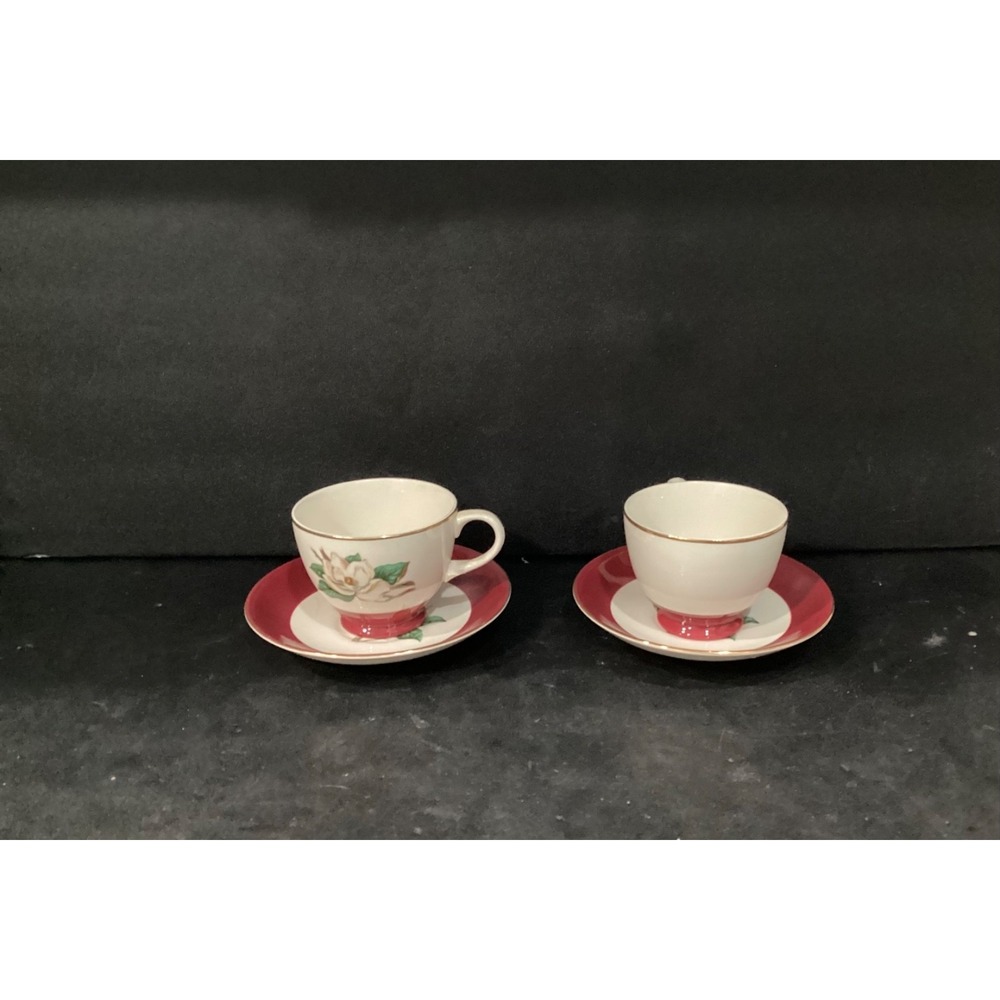 Vintage Homer Laughlin Burgundy Magnolia Lifetime China 2 Tea Cups and Saucers